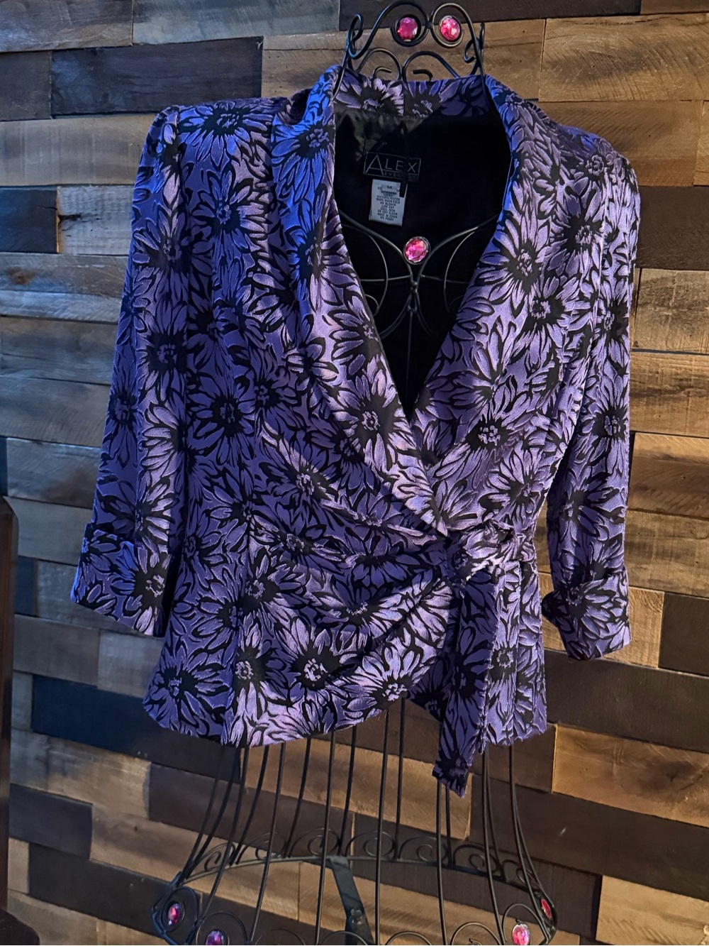 Alex Evenings Black And Purple Floral Jacquard Wrap Jacket Sz M